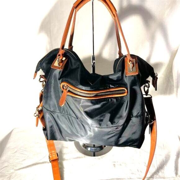 Big Buddha Black Nylon Shoulder Bag with Brown Straps & Paisley Lining - Picture 3 of 12